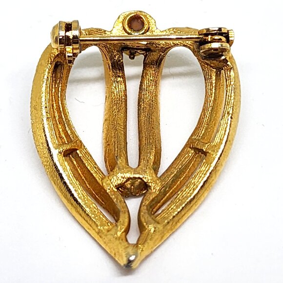 Vintage Gold Stylized Heart Shape Shiny and Textured Natural Pearl Brooch Pin - Picture 8 of 10